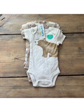 Carter's Child of Mine Bodysuits Newborn Tan Bears Stripes 100% Cotton